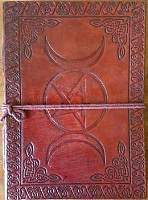 Triple Moon Pentagram leather blank book with cord 5 x 7